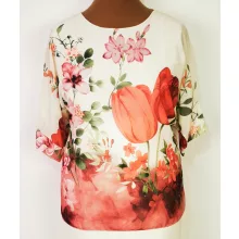 Kerek nyakú, rövid ujjú, színes virág mintás, muszlin anyagú felső  2XL/4XL