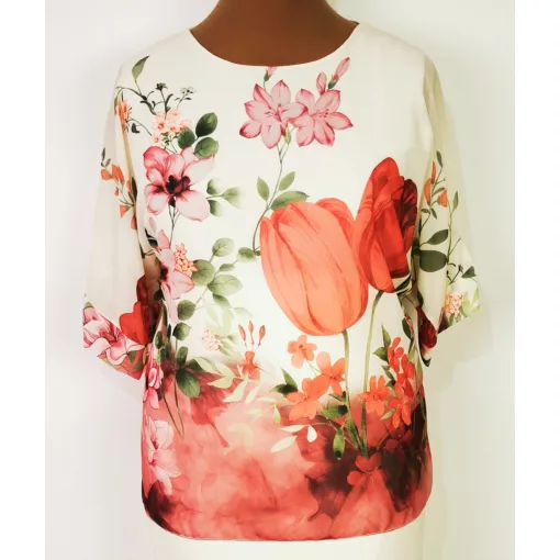 Kerek nyakú, rövid ujjú, színes virág mintás, muszlin anyagú felső  2XL/4XL