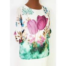 Kerek nyakú, rövid ujjú, színes virág mintás, muszlin anyagú felső  2XL/4XL