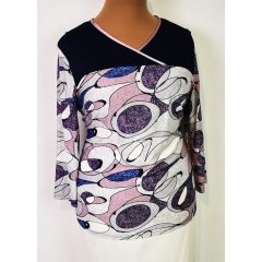   "V" nyakú, 3/4-es ujjú, selymes anyagú, fehér-rózsaszín-sötétkék színű mintával díszített felső 42-52