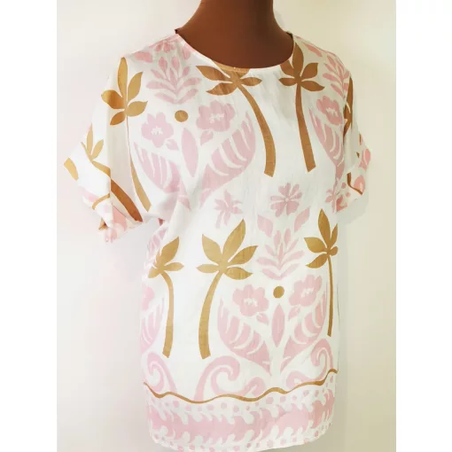 Kerek  nyakú,  rövid ujjú, fehér alapon, rózsaszín-barna mintás, pamutos anyagú felső  2XL/4XL