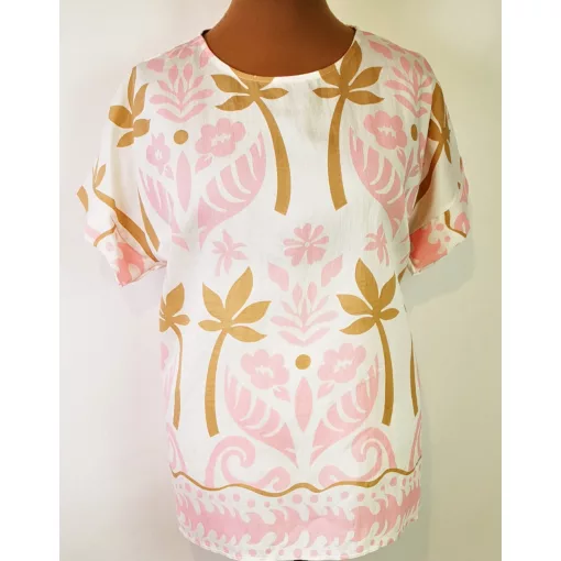 Kerek  nyakú,  rövid ujjú, fehér alapon, rózsaszín-barna mintás, pamutos anyagú felső  2XL/4XL