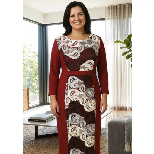 Bézs-szürke-bordó színű, csipkerátétes ruha 46-54