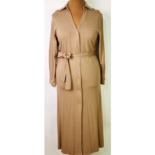 Ingnyakú, hosszú, roll-upos ujjú,  végég gombos, zsebes, öves, pamutos anyagú, maxi alkalmi ruha 42-52