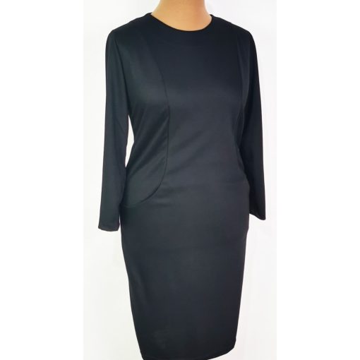 Kerek nyakú, fekete színű, hosszú ujjú, zsebes, pamutos anyagú ruha 42-52