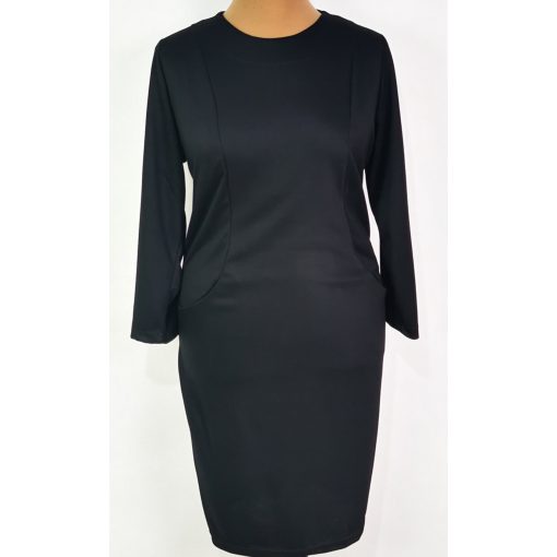 Kerek nyakú, fekete színű, hosszú ujjú, zsebes, pamutos anyagú ruha 42-52