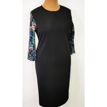 Kerek nyakú, 3/4-es csipke ujjú, fekete alapszínű, selymes anyagú ruha L-5XL