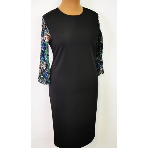 Kerek nyakú, 3/4-es csipke ujjú, fekete alapszínű, selymes anyagú ruha L-5XL