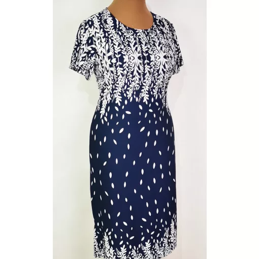 Sötétkék alapszínen, fehér színű mintás, selymes anyagú ruha L-5XL