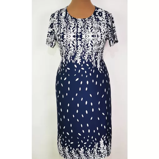 Sötétkék alapszínen, fehér színű mintás, selymes anyagú ruha L-5XL