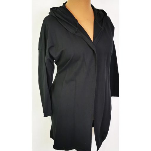 Feketeszínű, kapucnis, zsebes, pamutos anyagú, nyitott kardigán  XL/2XL