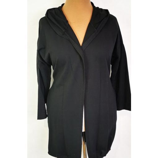 Feketeszínű, kapucnis, zsebes, pamutos anyagú, nyitott kardigán  XL/2XL