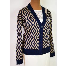 "V" nyakú, gépi kötött, rombusz mintával díszített kardigán 44/46-50/52