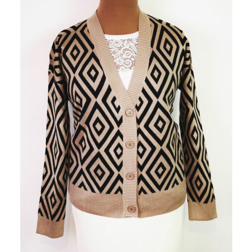 "V" nyakú, gépi kötött, rombusz mintával díszített kardigán 44/46-50/52