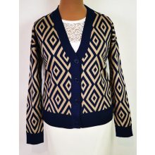 "V" nyakú, gépi kötött, rombusz mintával díszített kardigán 44/46-50/52