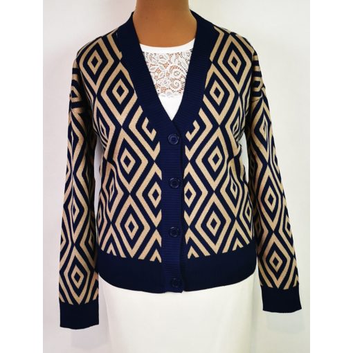 "V" nyakú, gépi kötött, rombusz mintával díszített kardigán 44/46-50/52