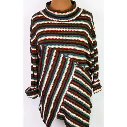 Garbós nyakú, gépi kötött, hosszú ujú, színes mintás,  lefelé bővülő pulóver 2XL/4XL