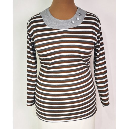 Kerek nyakú, hosszú ujjú, fehér-szürke-barna színű, csíkos mintás, gépi kötött, pamutos anyagú felső M-2XL