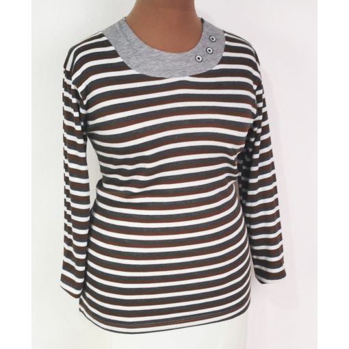 Kerek nyakú, hosszú ujjú, fehér-szürke-barna színű, csíkos mintás, gépi kötött, pamutos anyagú felső M-2XL
