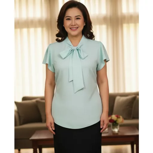 Kerek nyakú, lepke ujjú, nyaknál megköthető díszítésű,   pamutos anyagú felső  M-3XL