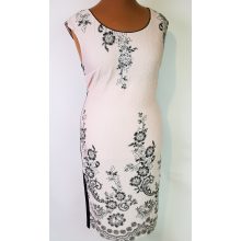 Elől barack alapon, fekete-ezüst virág mintás, felső része muszlin anyagú, rövid ujjú 48-58