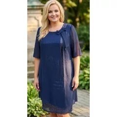   Muszlin ujjú, elől ezüstösen csillogó mintás, muszlin rátétes alkalmi ruha  48-54