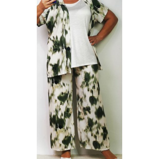 Bő szárú, gumis derekú, krém-zöld színű, pamutos anyagú nadrág XL/2XL