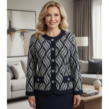 Fehér-sötétkék mintás, hosszú ujjú, alkalmi blézer 44-54