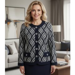   Fehér-sötétkék mintás, hosszú ujjú, alkalmi blézer 44-54