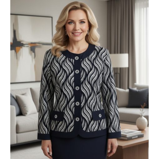 Fehér-sötétkék mintás, hosszú ujjú, alkalmi blézer 44-54