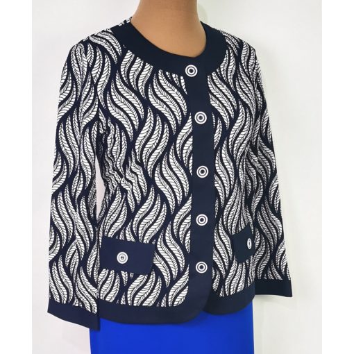 Fehér-sötétkék mintás, hosszú ujjú, alkalmi blézer 44-54