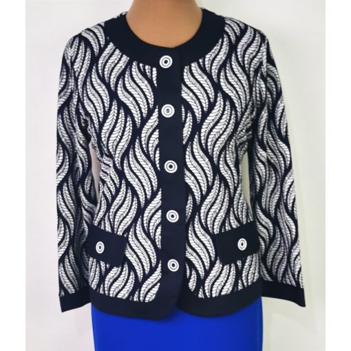 Fehér-sötétkék mintás, hosszú ujjú, alkalmi blézer 44-54