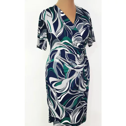 "V" nyakú, sötétkék alapon fehér-zöld színű,  átlapolt hatású, selymes  anyagú ruha 44-52
