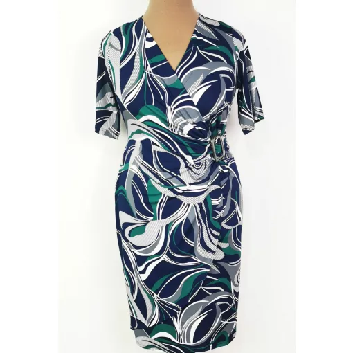 "V" nyakú, sötétkék alapon fehér-zöld színű,  átlapolt hatású, selymes  anyagú ruha 44-52