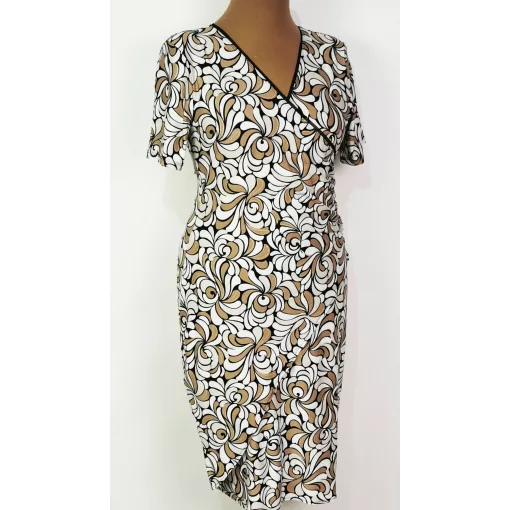 "V" nyakú, rövid ujjú, elől átlapolt, bézs-fekete-fehér színű, selymes anyagú ruha 40-46