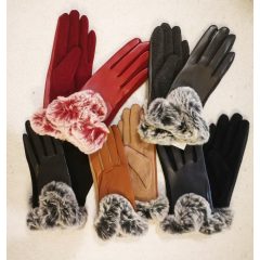  5 ujjas, vékony szőrme béléses, műbőr anyagú, csuklónál színhez illő szőrme díszítésű kesztyű
