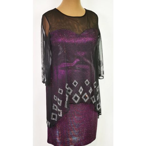 Lila színű, fekete muszlin rátétes,  díszített alkalmi ruha 44-50