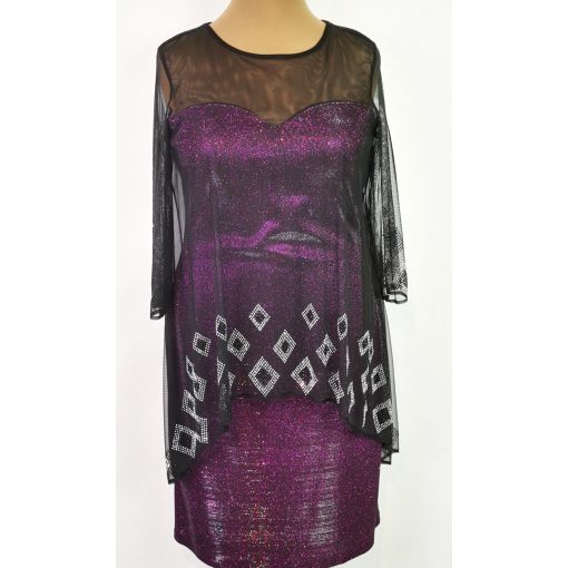 Lila színű, fekete muszlin rátétes,  díszített alkalmi ruha 44-50