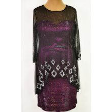 Lila színű, fekete muszlin rátétes,  díszített alkalmi ruha 44-50