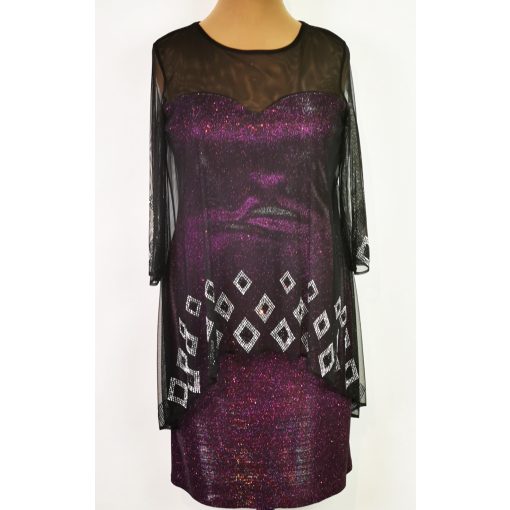 Lila színű, fekete muszlin rátétes,  díszített alkalmi ruha 44-50