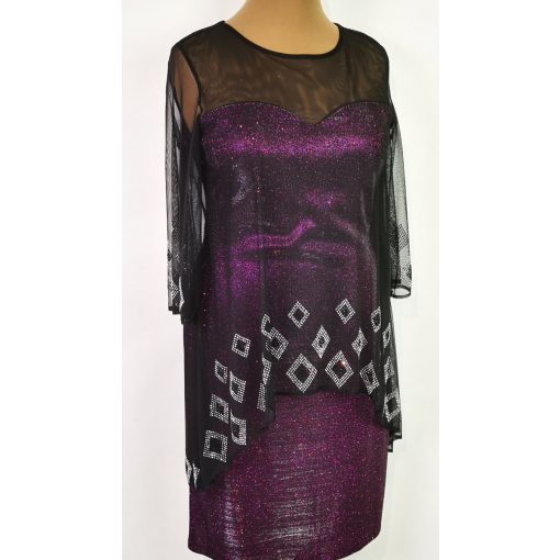 Lila színű, fekete muszlin rátétes,  díszített alkalmi ruha 44-50