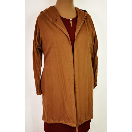Barna színű, kapucnis, zsebes, pamutos anyagú, barna színű nyitott kardigán  XL/2XL