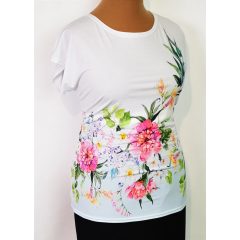   Kerek nyakú, ejtett vállú, hátul egyszínű fehér, elől színes virág mintás, selymes, rugalmas anyagú felső 42-52