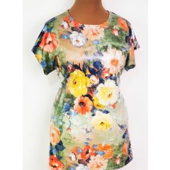   Kerek nyakú, rövid ujjú, színes mintás, selymes anyagú felső 42-50