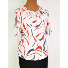 Elől-hátul, fehér alapon,  piros-szürke mintás, nyaknál muszlin fodorral díszített felső 42-52