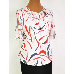   Elől-hátul, fehér alapon,  piros-szürke mintás, nyaknál muszlin fodorral díszített felső 42-52