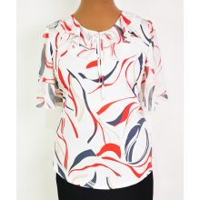 Elől-hátul, fehér alapon,  piros-szürke mintás, nyaknál muszlin fodorral díszített felső 42-52