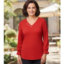 "V" nyakú, 3/4-es, piros színű,, nyaknál díszített felső 42-52