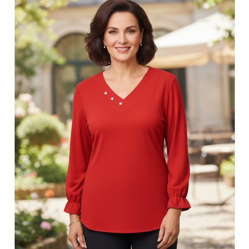 "V" nyakú, 3/4-es, piros színű,, nyaknál díszített felső 42-52