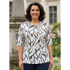   Kerek nyakú, rövid ujjú, nyaknál  díszített, selymes, rugalmas anyagú felső  46-52